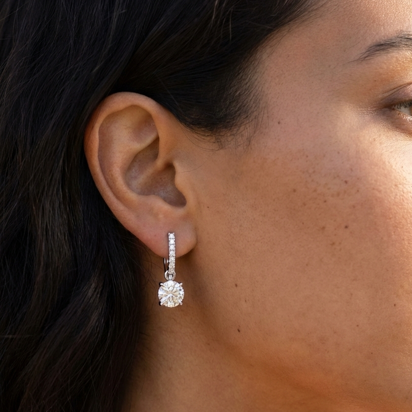 Solitaire Dangling Hoop Sterling Silver Earrings for Her