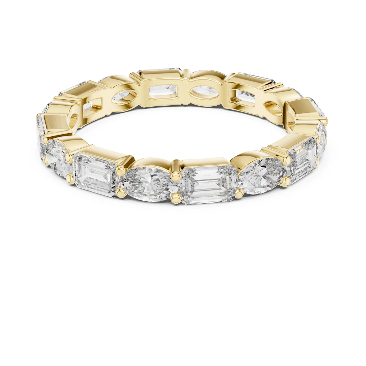 Gold ring with emerald-cut moissanite diamonds on a white background