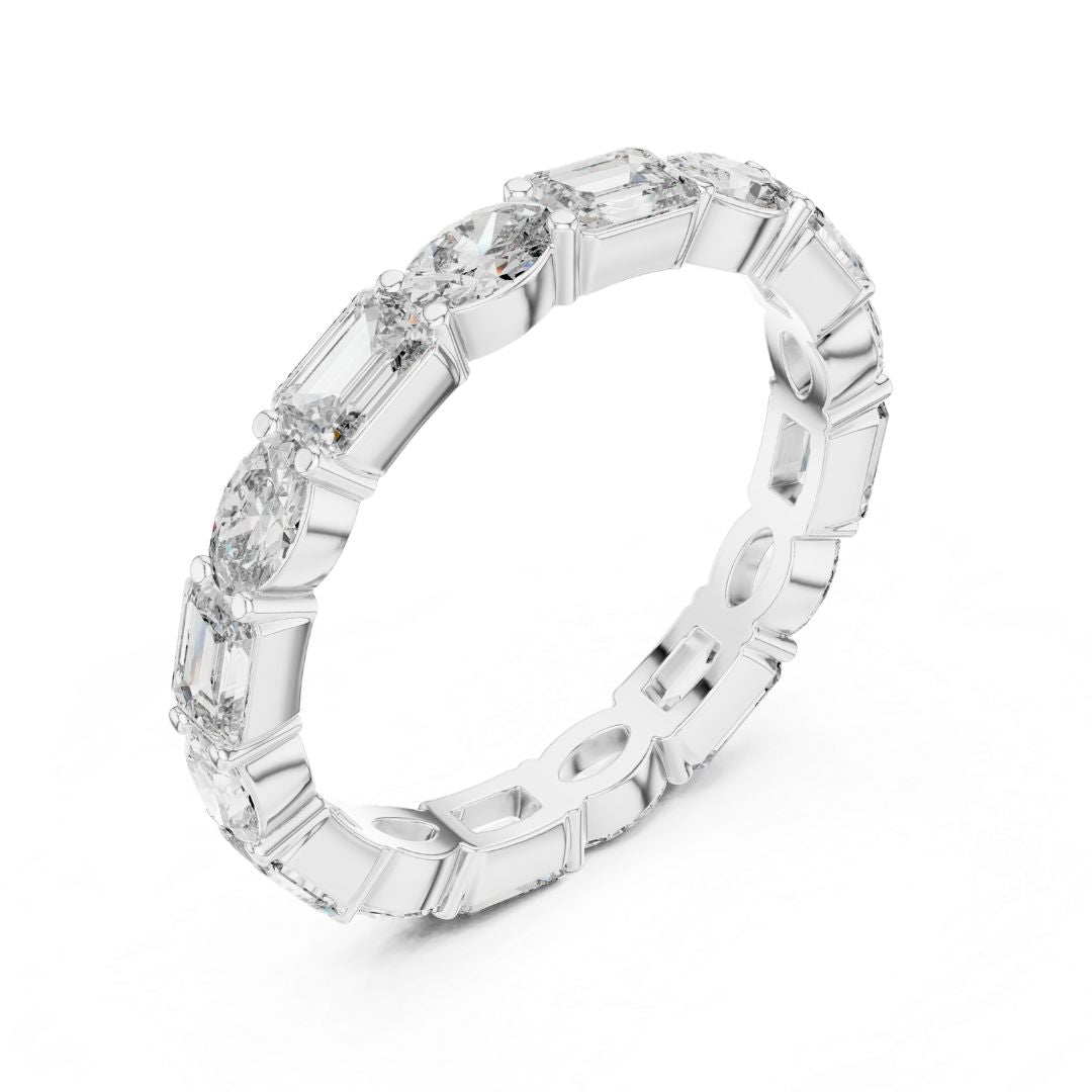 moissanite Diamond ring with baguette and round cut stones on a white background