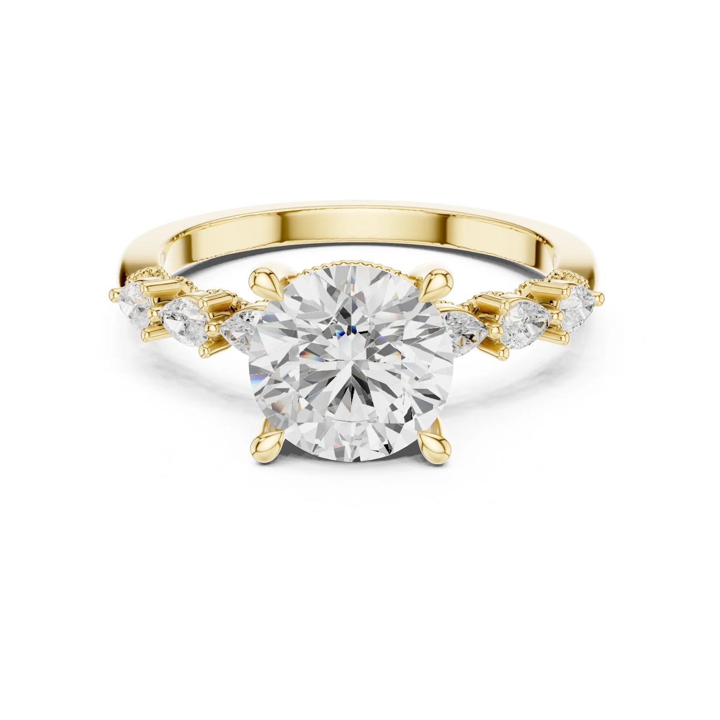 Gold ring with a large moissanite diamond and smaller diamonds on the sides against a white background