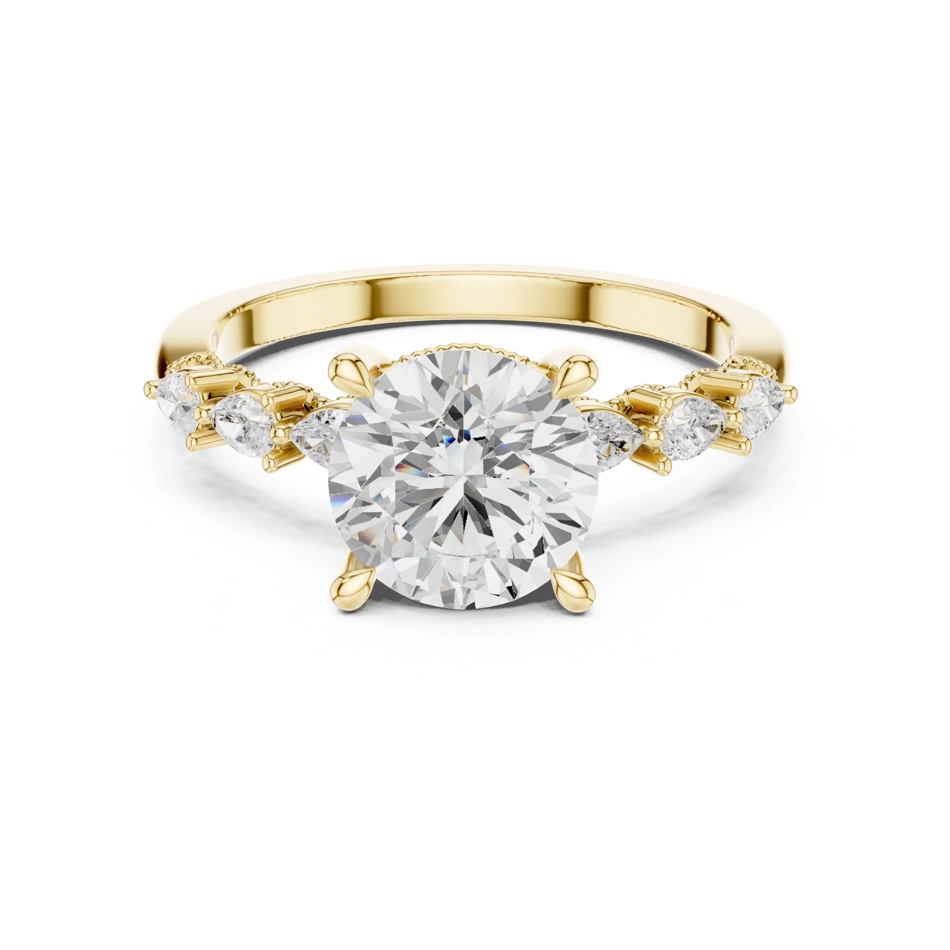 Gold ring with a large moissanite diamond and smaller diamonds on the sides against a white background