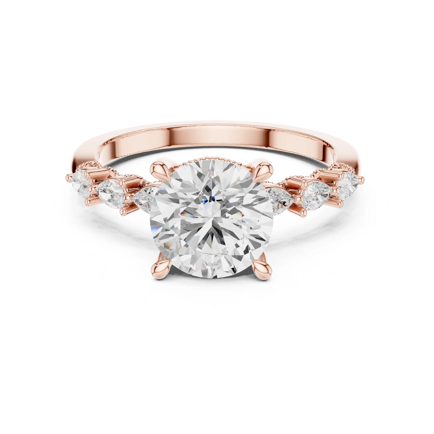Rose gold ring with a large missanite  diamond and smaller diamonds on the sides against a white background