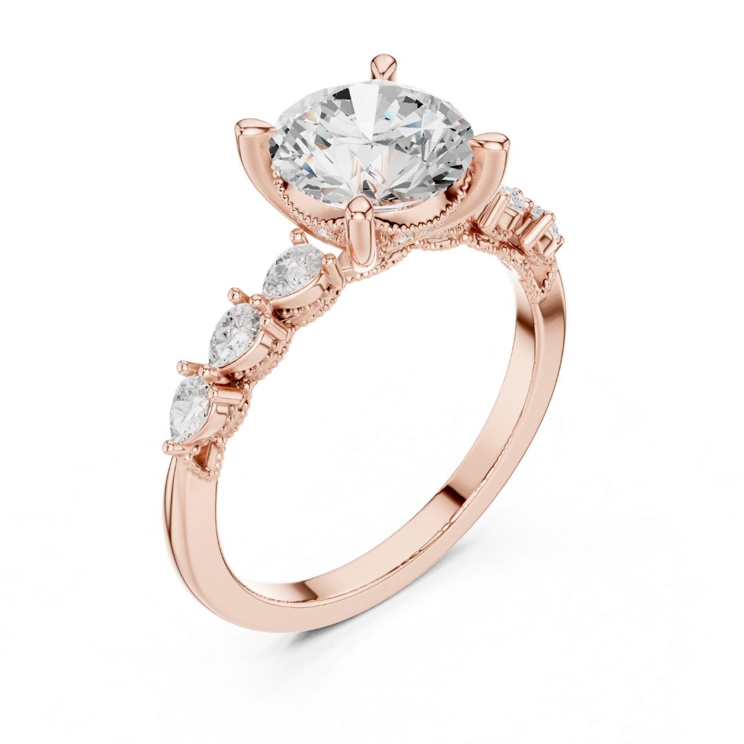 Rose gold ring with a large moissanite diamond and smaller diamonds on a white background