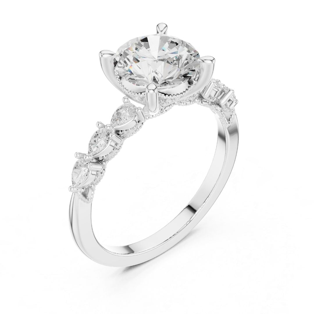 moissanite Diamond ring with a central gemstone and smaller stones on a white background