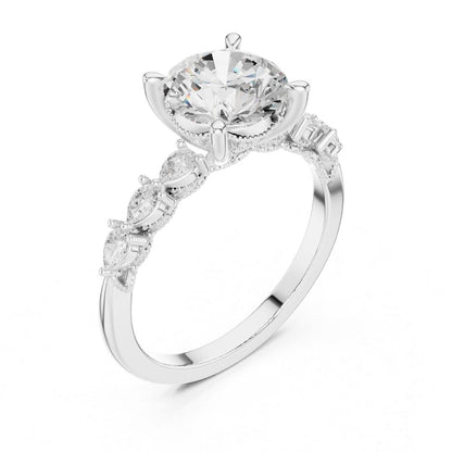 moissanite Diamond ring with a central gemstone and smaller stones on a white background