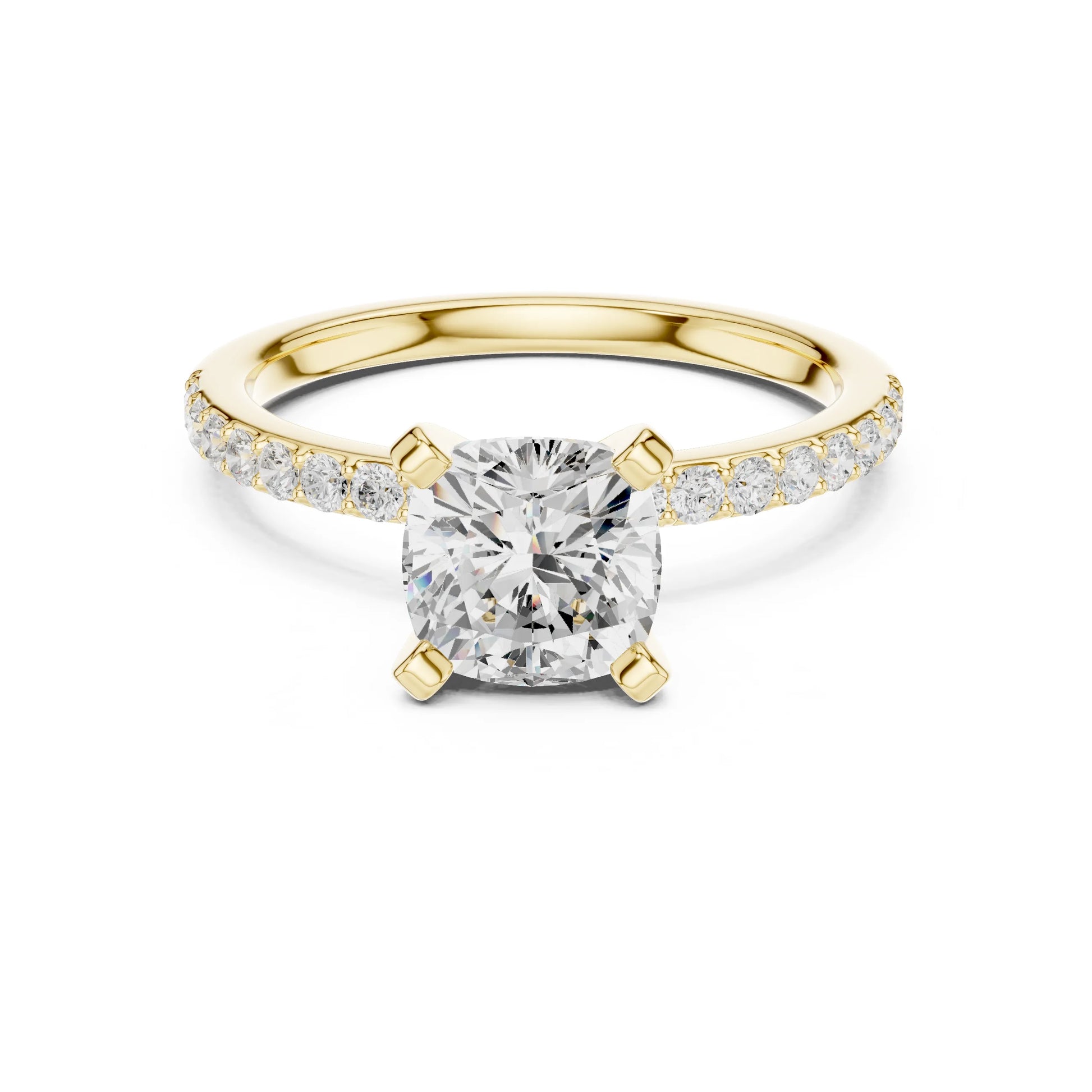 Gold ring with a large moissanite diamond and smaller diamonds on the band against a white background