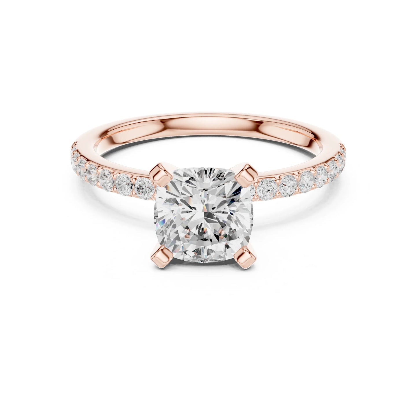 Rose gold ring with a large moissanite diamond and smaller diamonds on the band against a white background