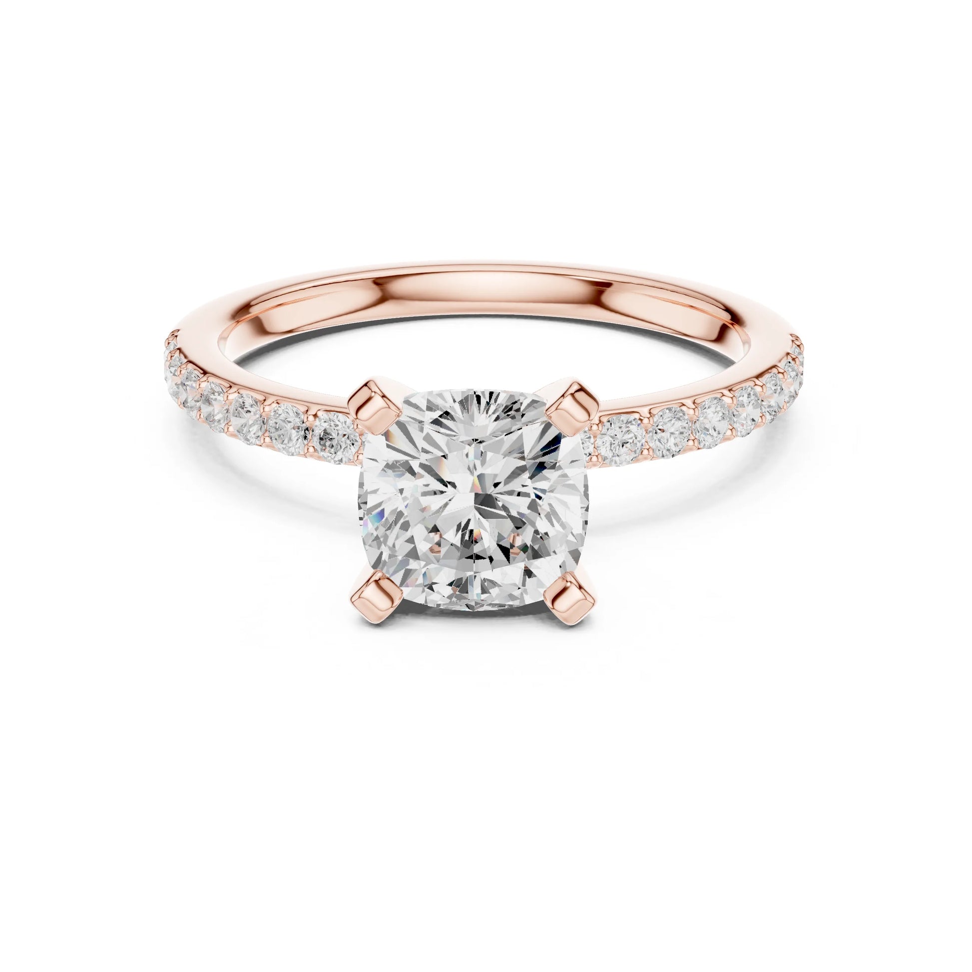 Rose gold ring with a large moissanite diamond and smaller diamonds on the band against a white background