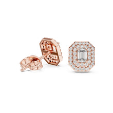 Load image into Gallery viewer, Rose gold earrings with moissanite diamond accents on a white background