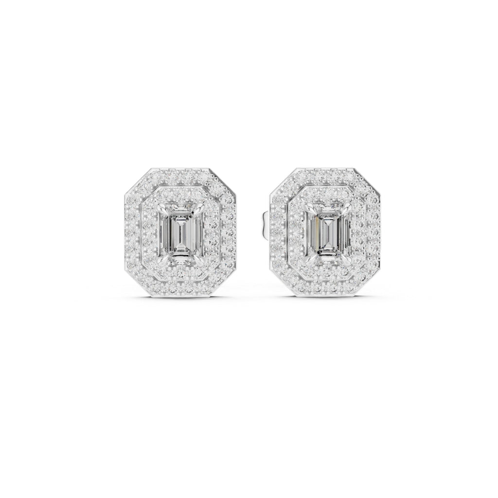 Pair of moissanite diamond earrings on a white background