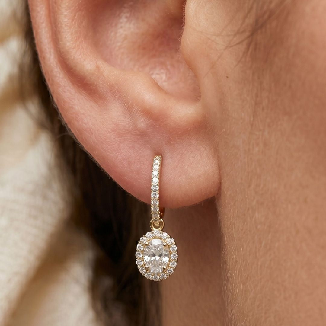 Close-up of a moissanite diamond earring on an ear with a blurred background