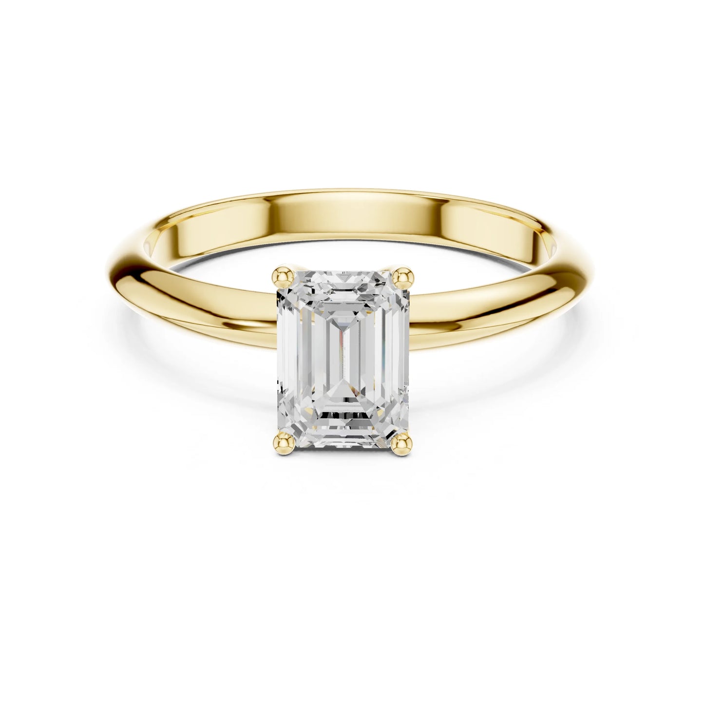 Gold ring with a rectangular moissanite diamond on a white background