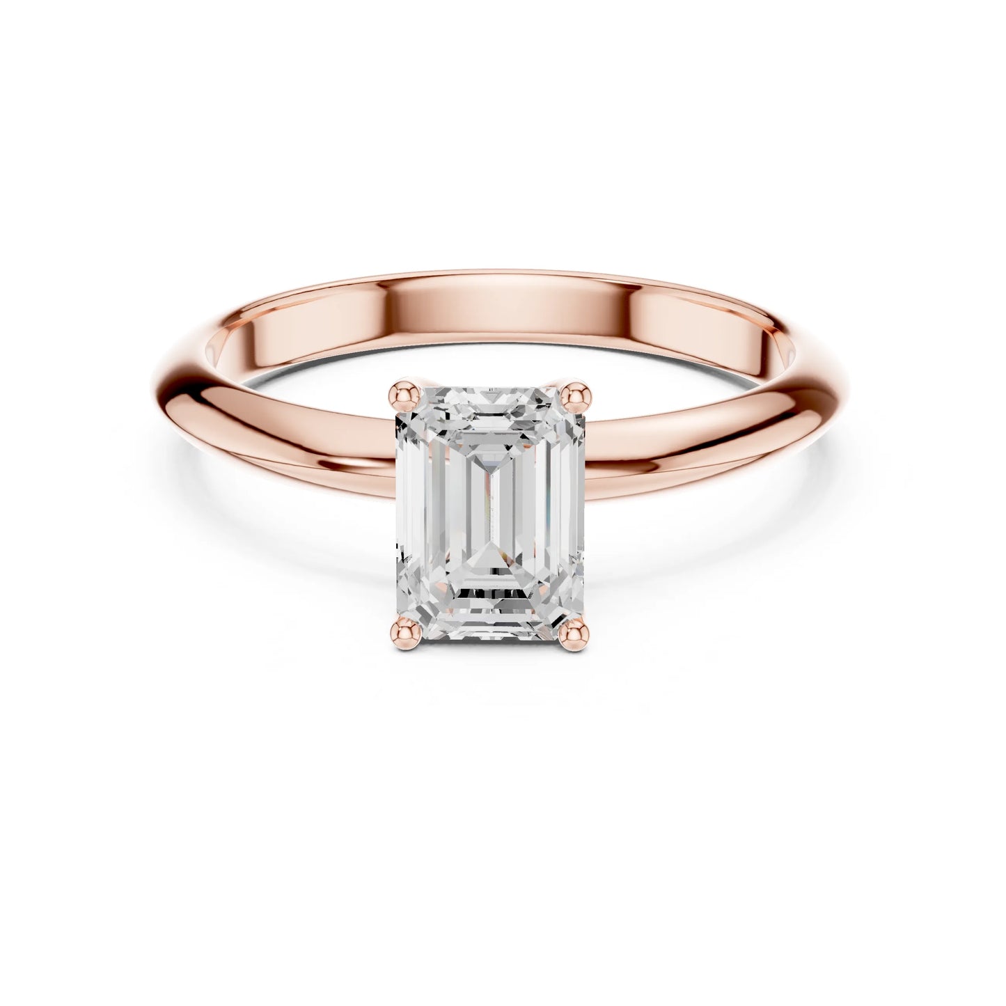 Rose gold ring with a rectangular moissanite diamond on a white background