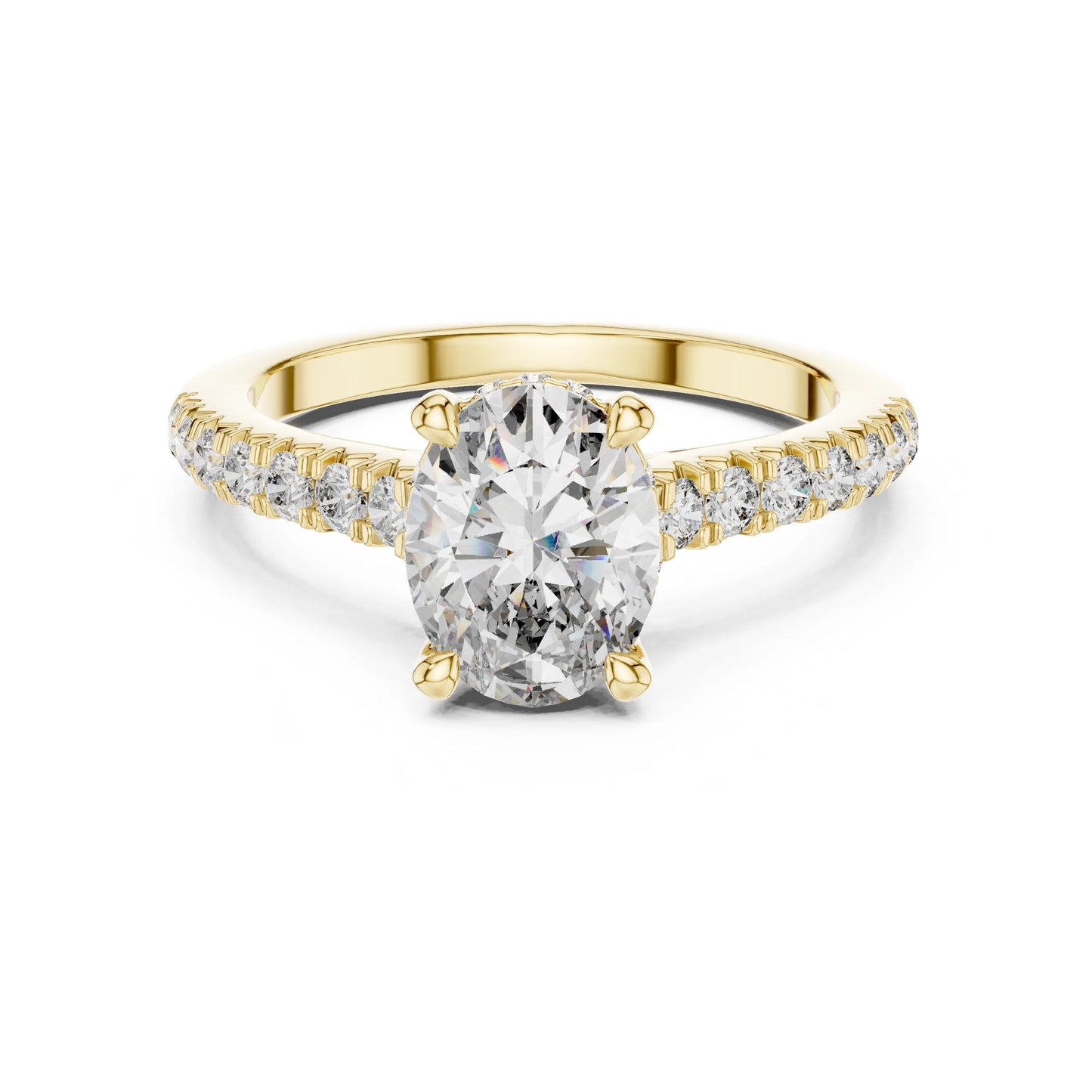 Gold ring with a large moissanite  diamond and smaller diamonds on the band against a white background