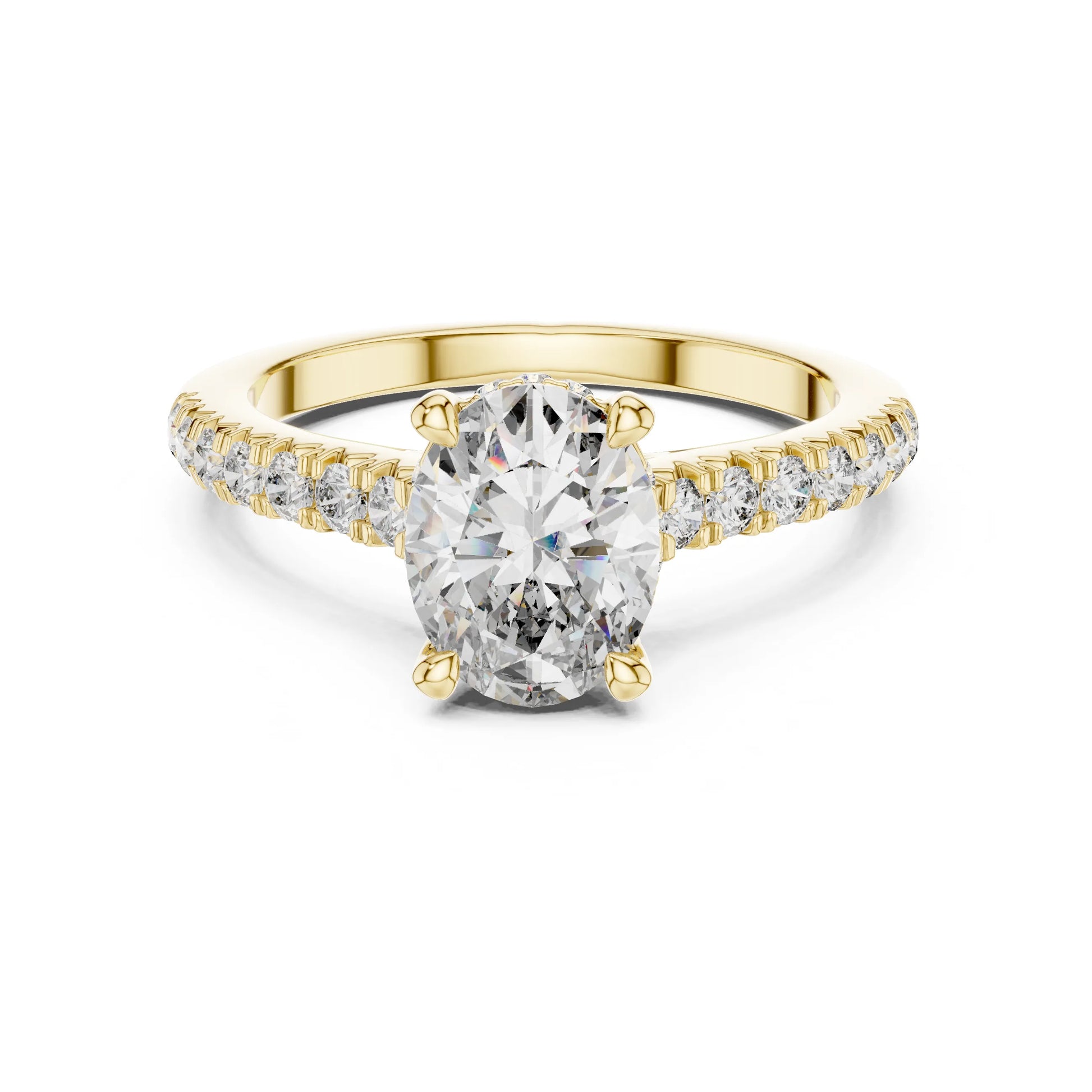 Gold ring with a large moissanite  diamond and smaller diamonds on the band against a white background