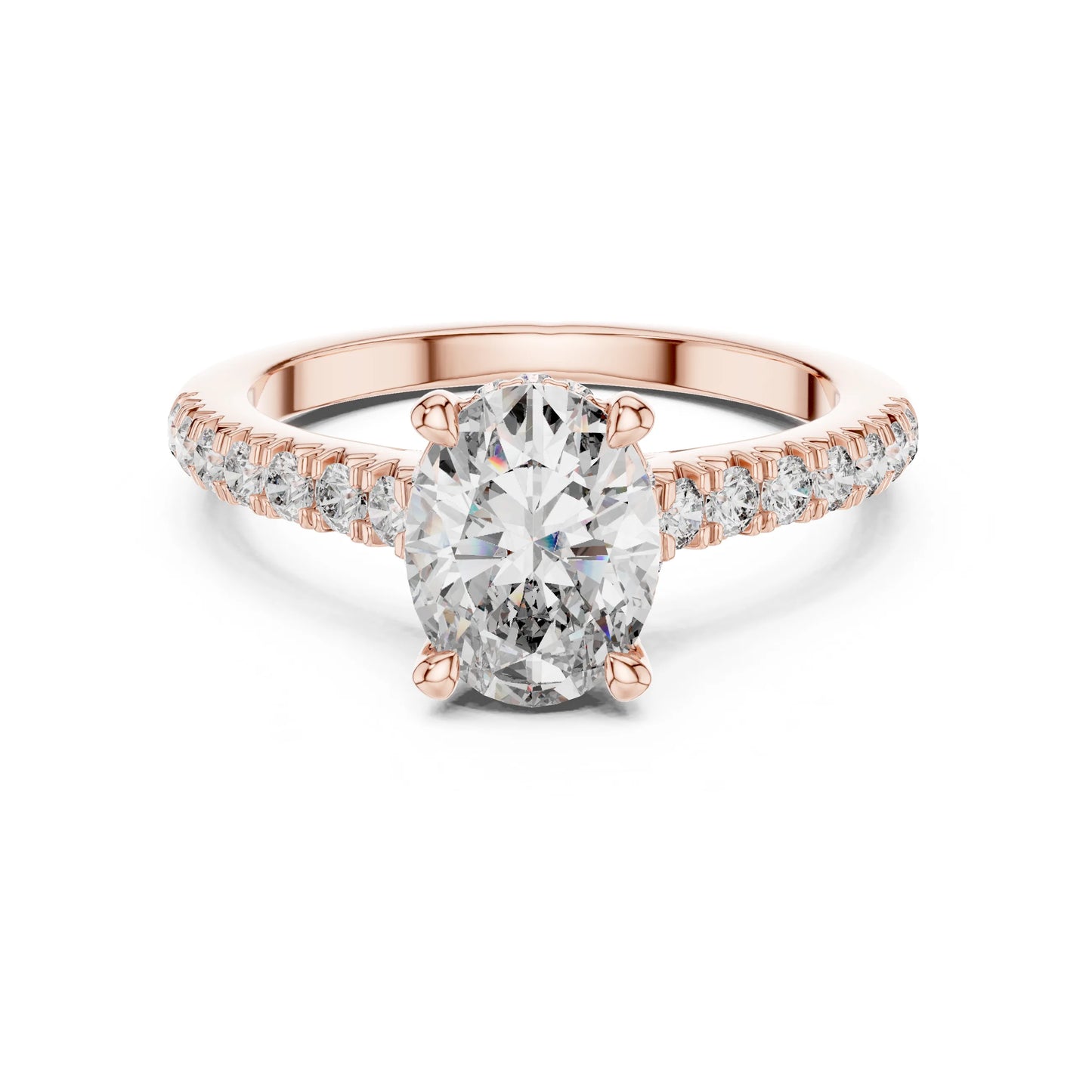 Rose gold ring with a large moissanite  diamond and smaller diamonds on the band against a white background