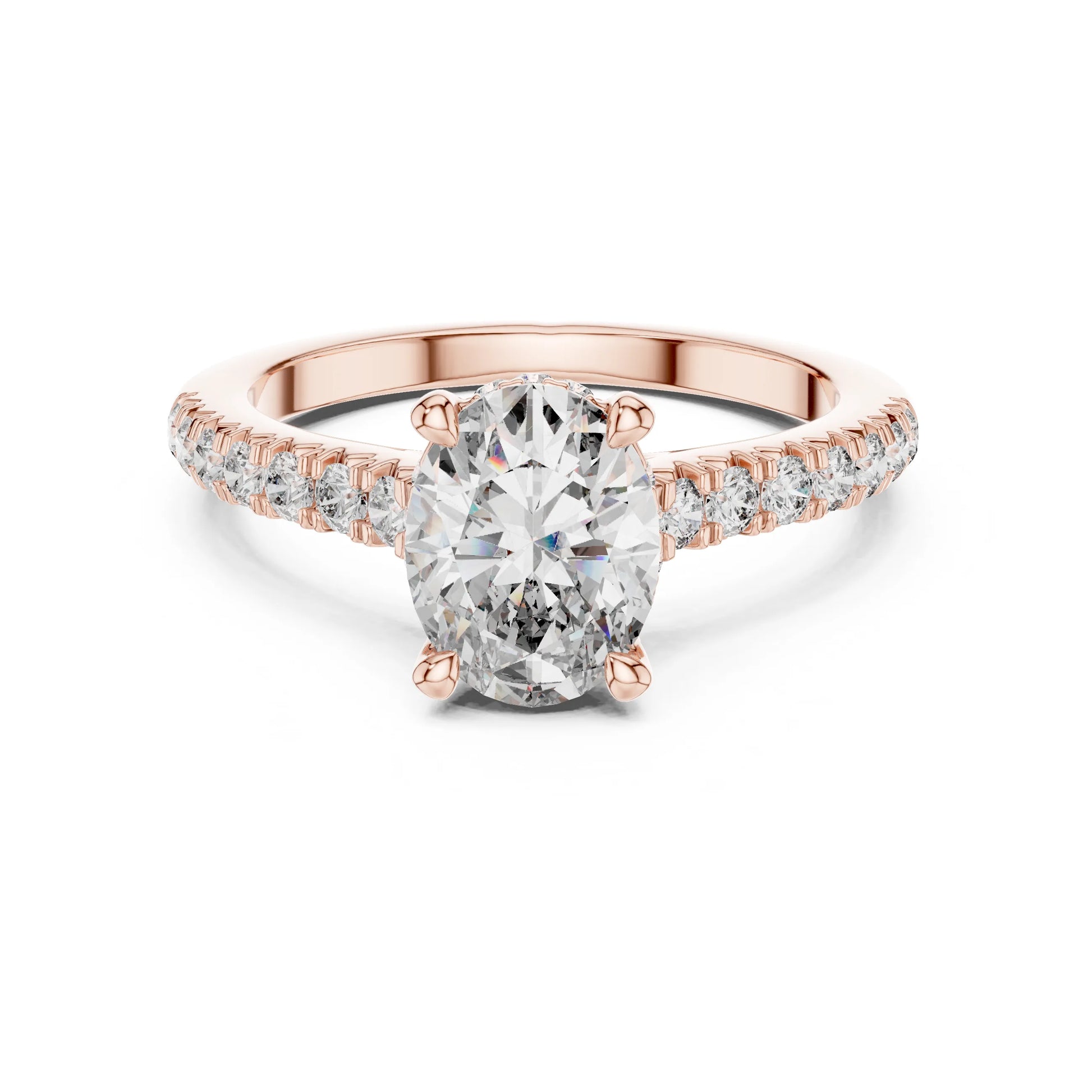Rose gold ring with a large moissanite  diamond and smaller diamonds on the band against a white background
