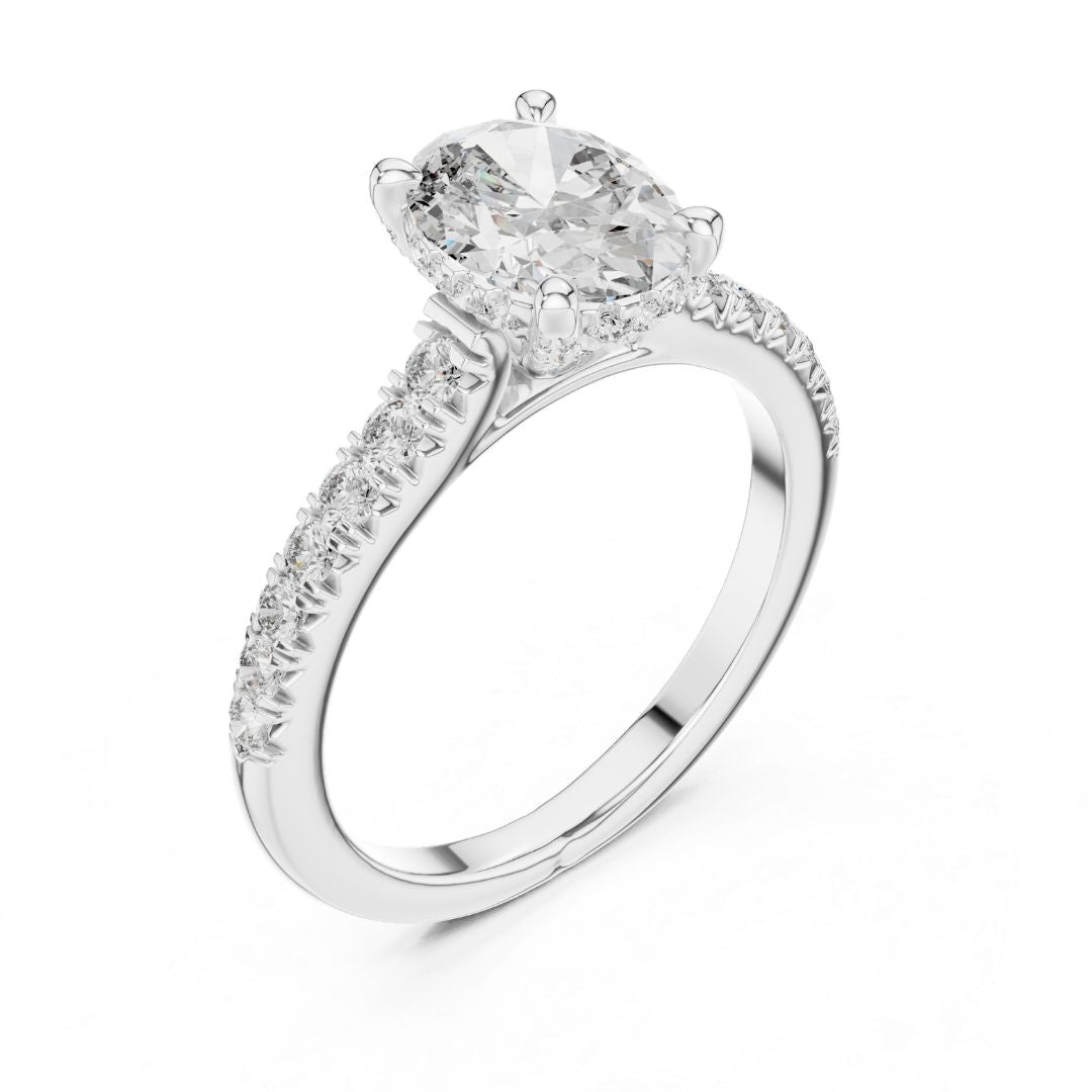 moissanite Diamond ring with a white gold band on a white background