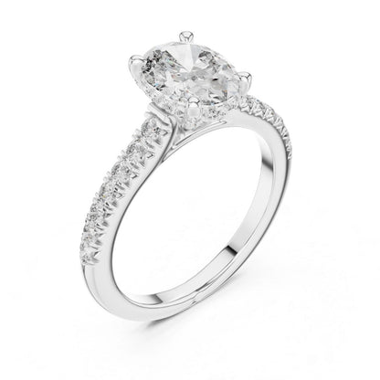 moissanite Diamond ring with a white gold band on a white background