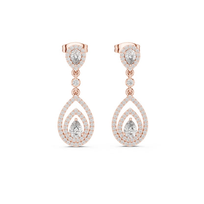 Rose gold teardrop earrings with moissanite clear gemstones on a white background