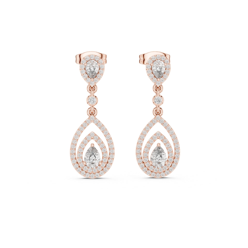 Rose gold teardrop earrings with moissanite clear gemstones on a white background