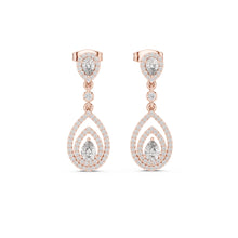 Load image into Gallery viewer, Rose gold teardrop earrings with moissanite clear gemstones on a white background