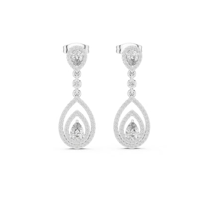 Pair of silver teardrop earrings with moissanite clear gemstones on a white background