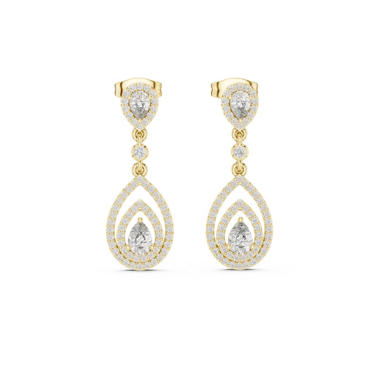 Gold and moissanite diamond teardrop earrings on a white background
