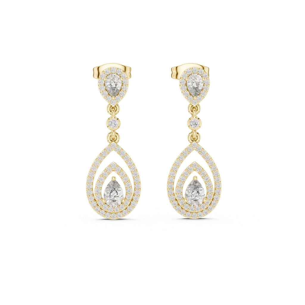 Gold and moissanite diamond teardrop earrings on a white background