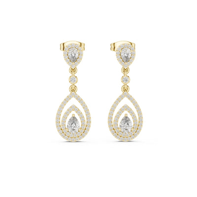 Gold and moissanite diamond teardrop earrings on a white background