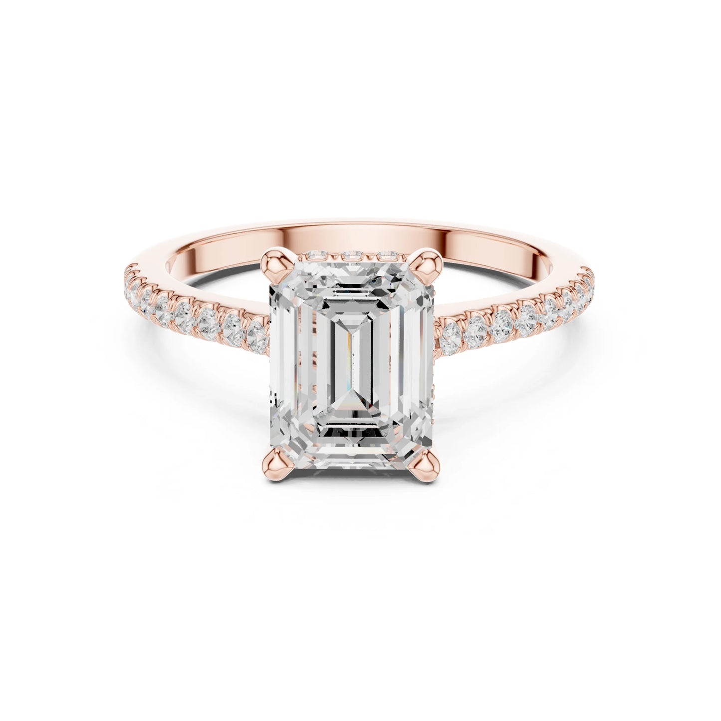 Rose gold ring with a large moissanite diamond and smaller diamonds on the band against a white background