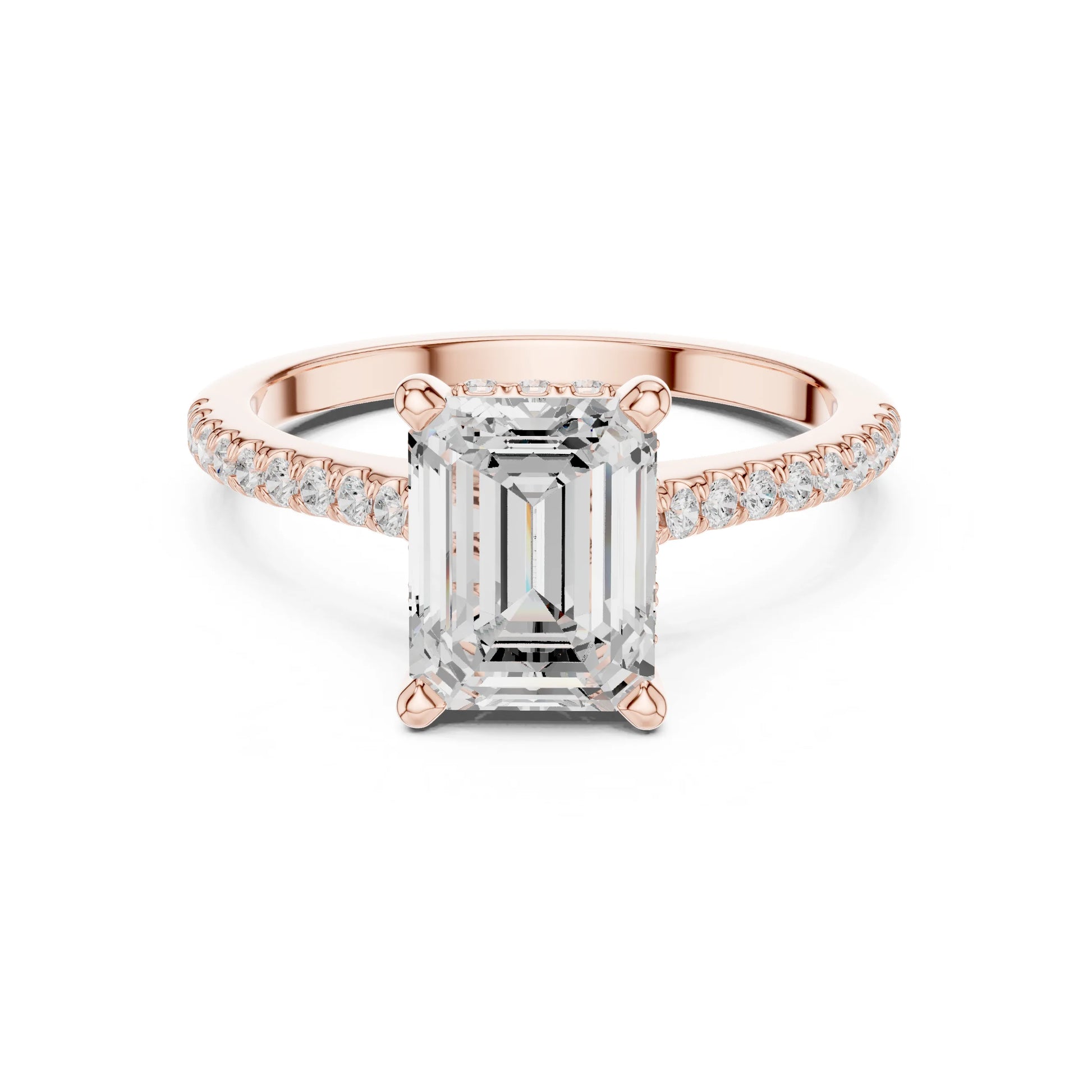 Rose gold ring with a large moissanite diamond and smaller diamonds on the band against a white background