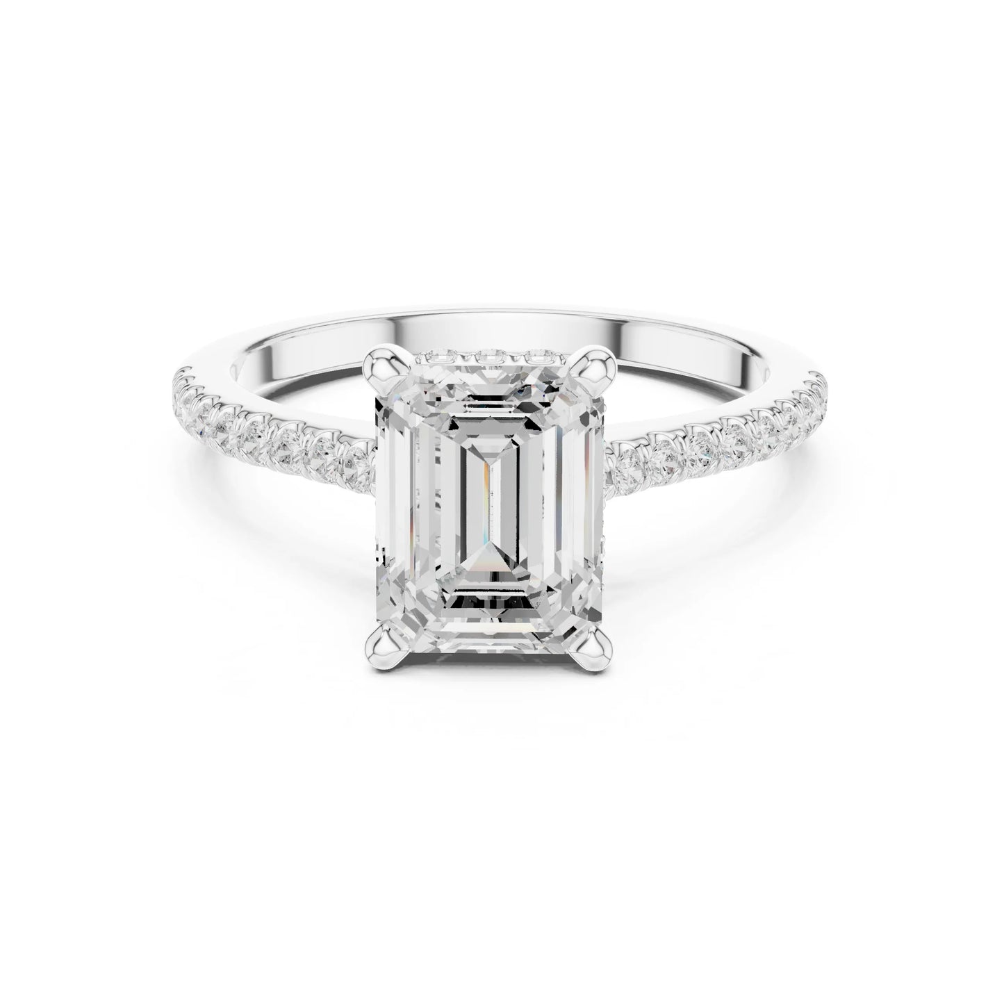 moissanite Diamond ring with a central emerald-cut diamond on a white background