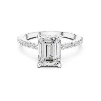 moissanite Diamond ring with a central emerald-cut diamond on a white background