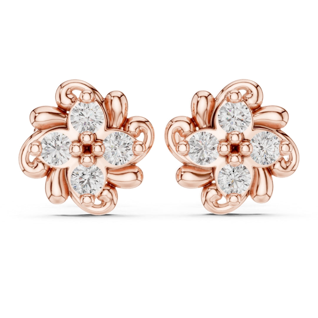 Rose gold flower-shaped earrings with clear Moissanite gemstones on a white background