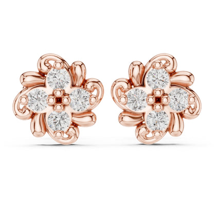 Rose gold flower-shaped earrings with clear Moissanite gemstones on a white background