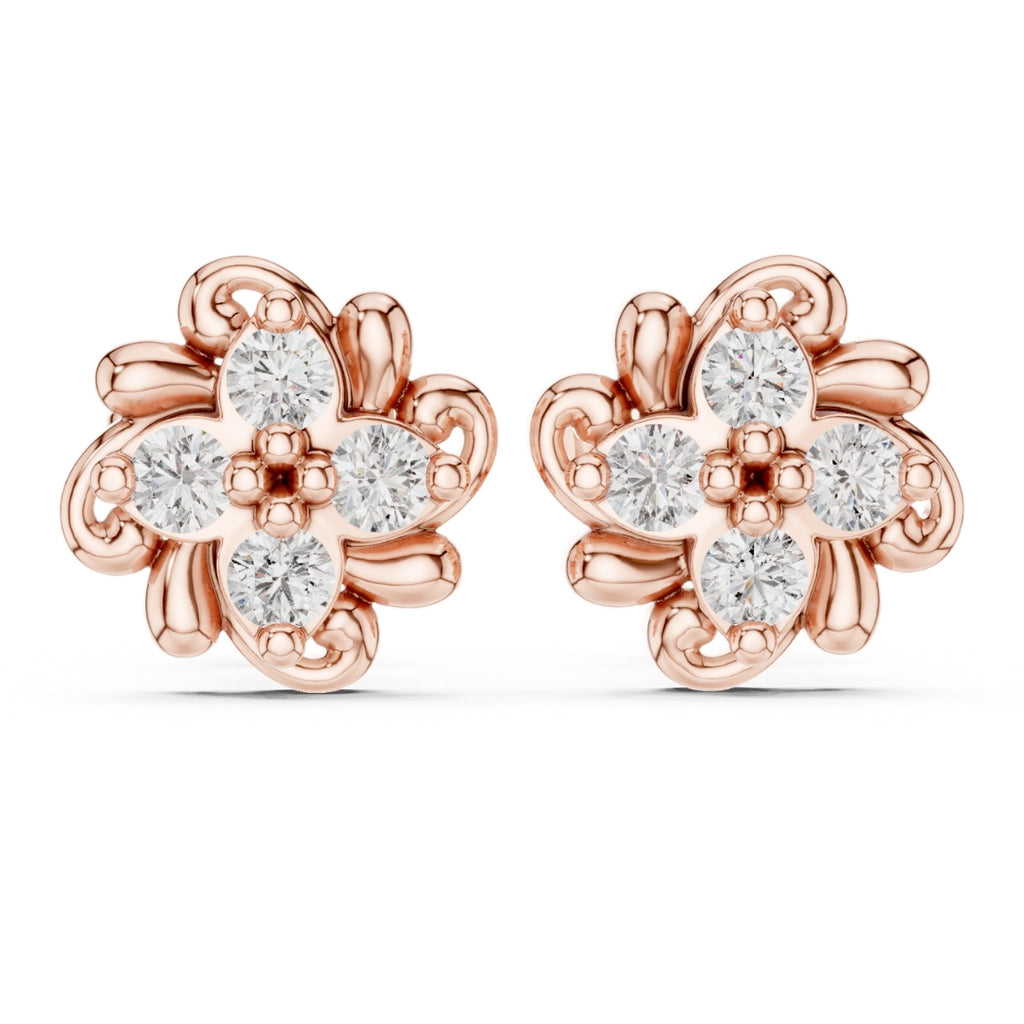 Rose gold flower-shaped earrings with clear Moissanite gemstones on a white background