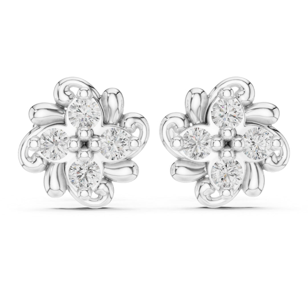 Flower-shaped silver earrings with clear Moissanite  gemstones on a white background