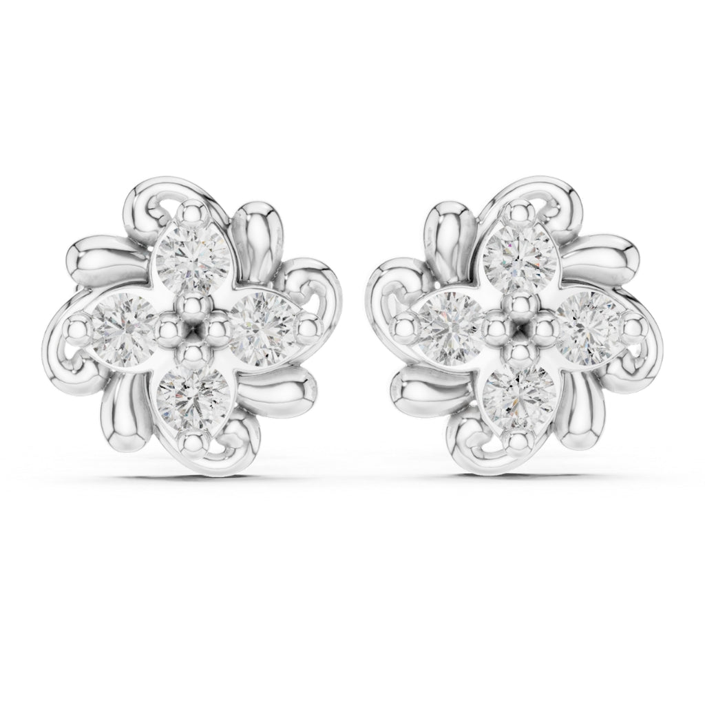 Flower-shaped silver earrings with clear Moissanite  gemstones on a white background