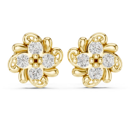 Gold flower-shaped earrings with clear moissanite gemstones on a white background