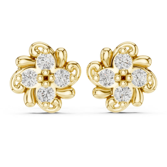 Gold flower-shaped earrings with clear moissanite gemstones on a white background
