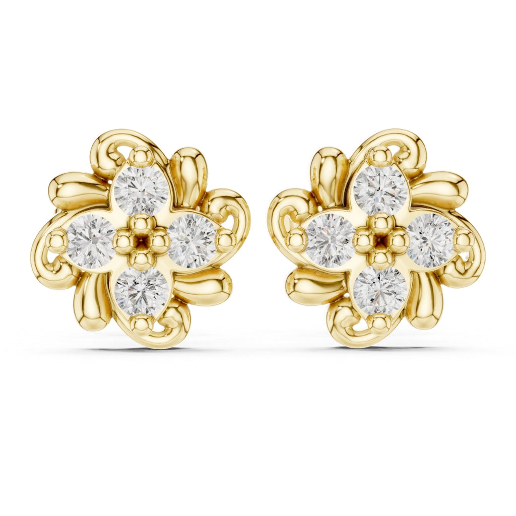Gold flower-shaped earrings with clear moissanite gemstones on a white background