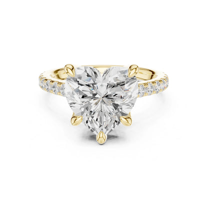 Gold ring with a large moissanite  diamond on a white background