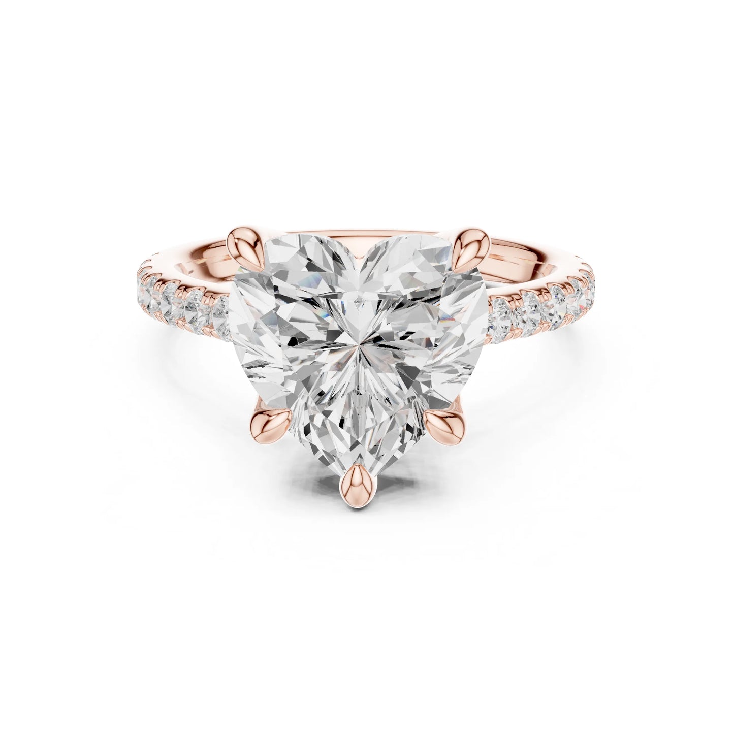 Rose gold ring with a large moissanite diamond and smaller diamonds on the band against a white background