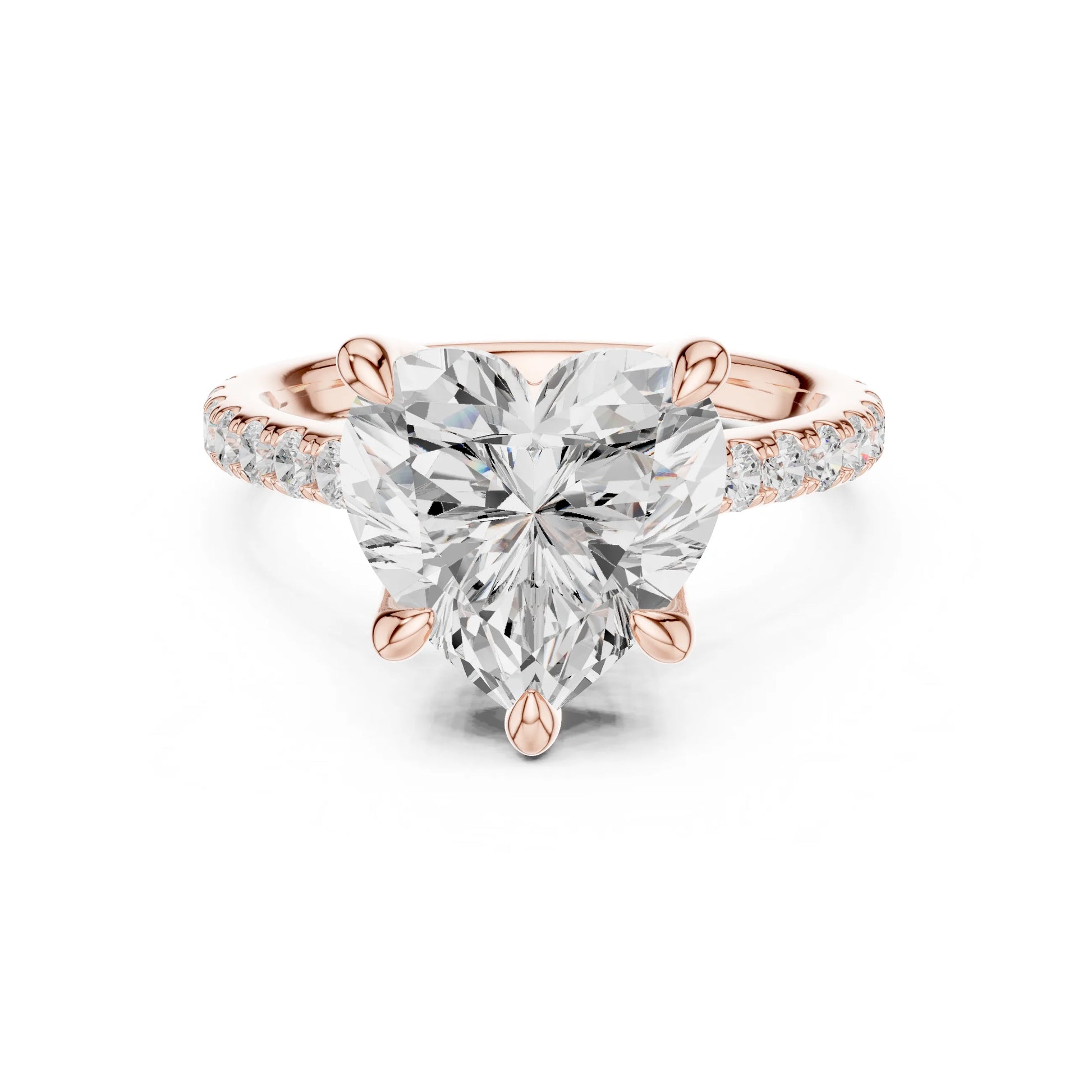 Rose gold ring with a large moissanite diamond and smaller diamonds on the band against a white background