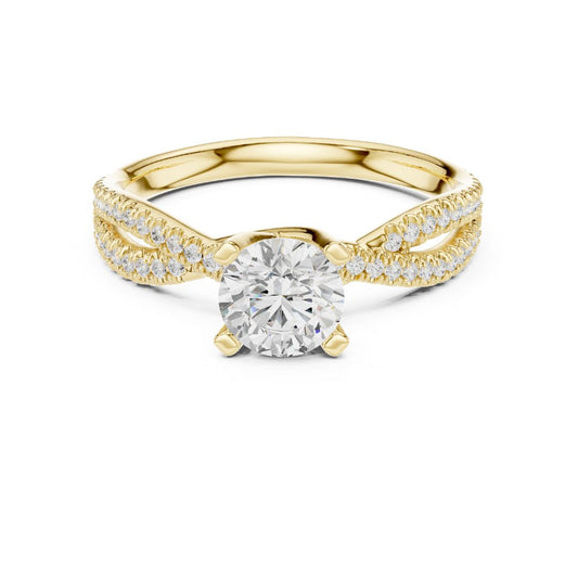 Gold ring with a moissanite diamond on a white background