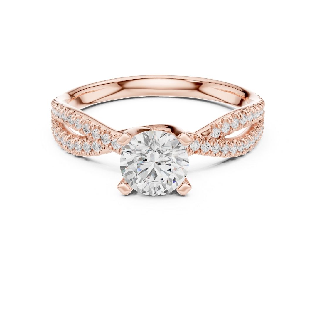 Rose gold ring with a moissanite diamond on a white background