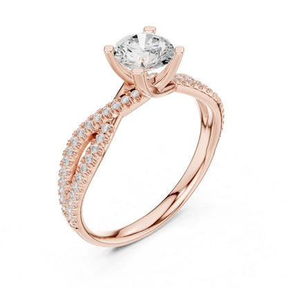 Rose gold ring with a moissanite diamond on a white background