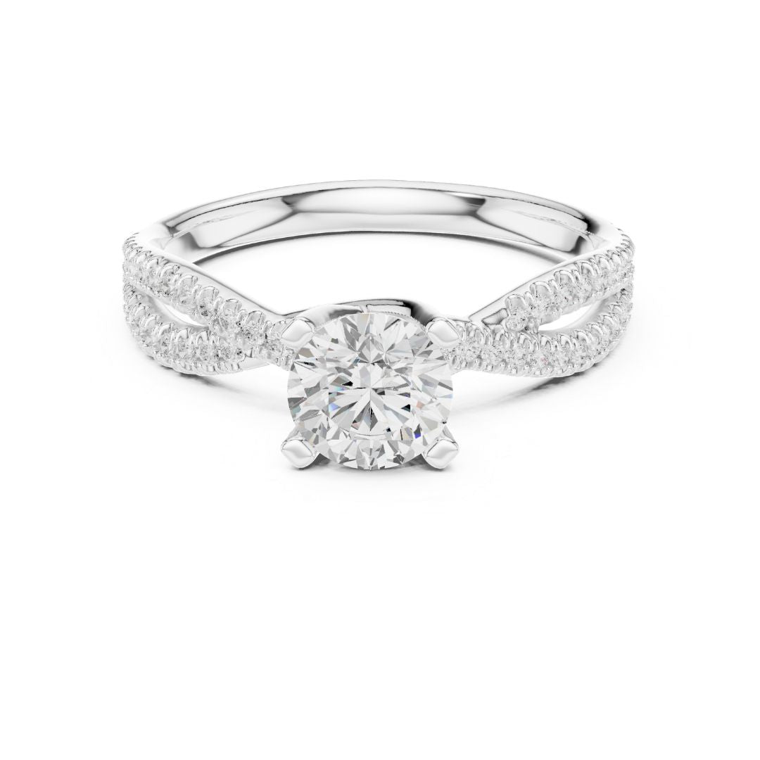 moissanite Diamond ring with a white gold band on a white background