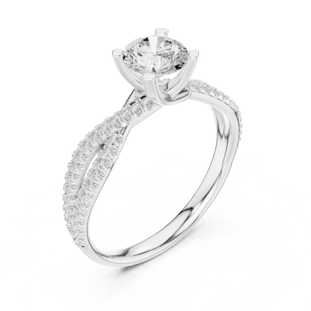 Silver ring with a moisaanite diamond on a white background